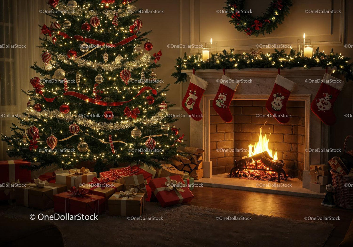 Cozy Christmas tree and fireplace with stockings and gifts