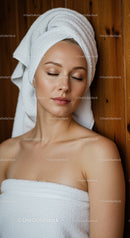 Relaxing Woman with Towel and Calm Expression at Spa