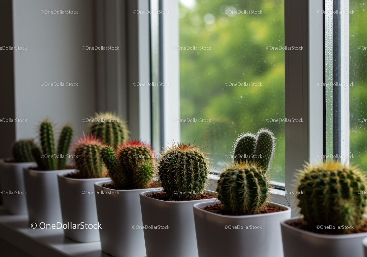 Green Cactus and Succulents in White Pots on Windowsill