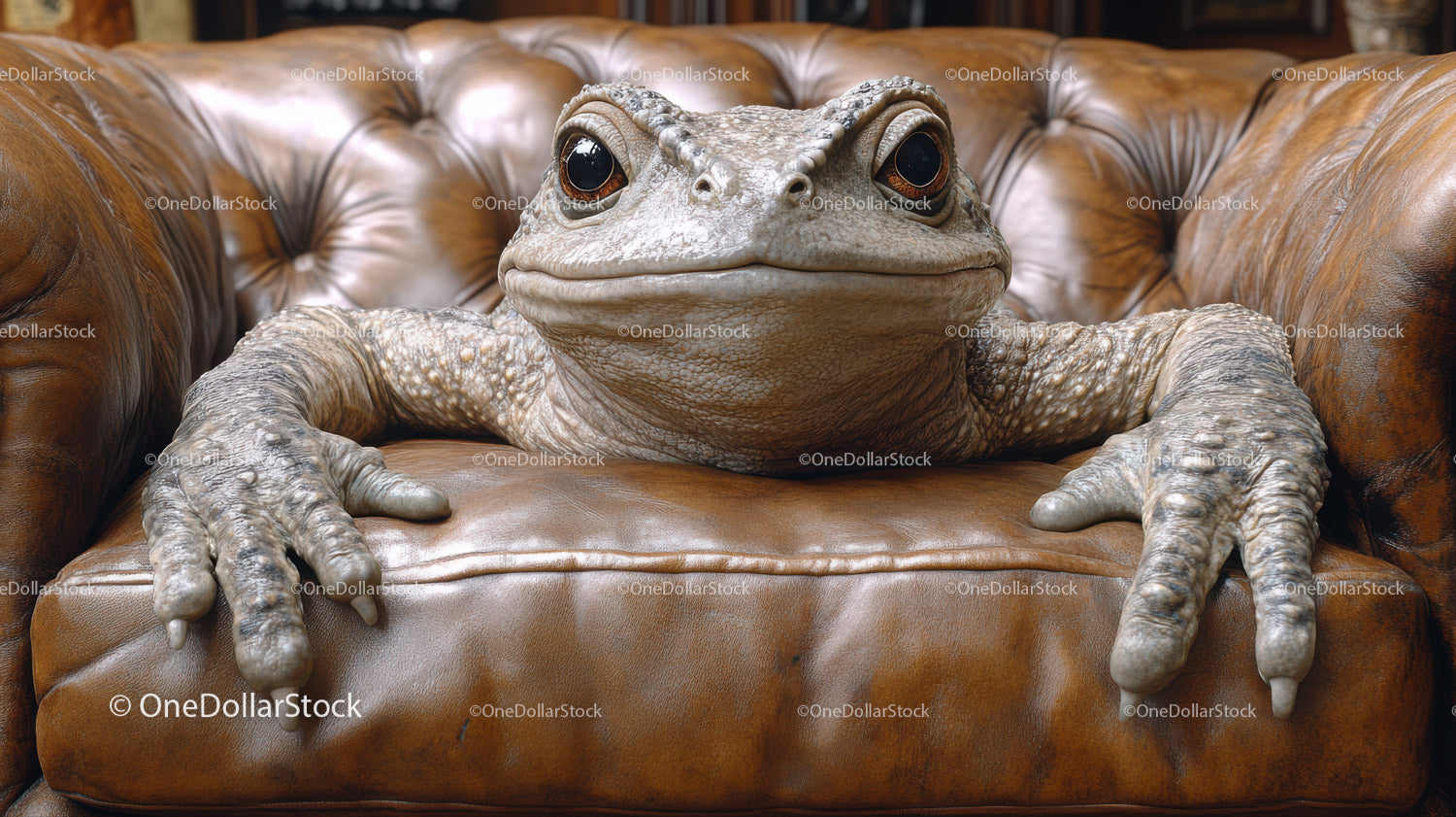 Close-up of a Grey Frog Resting on a Leather Sofa