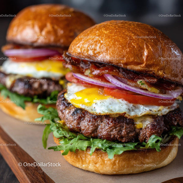 Gourmet Cheeseburgers with Fried Eggs and Bacon on Brioche Buns