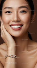 Closeup of smiling woman with radiant skin and bracelet