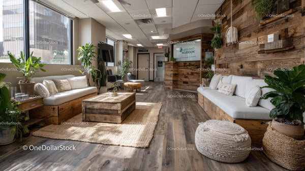 Modern Office Lounge with Indoor Plants and Wooden Accents