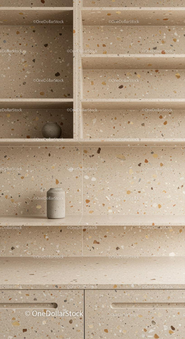 Nowoczesna beżowa półka z terazzo z ceramicznymi wazonami w stylowym wnętrzu
