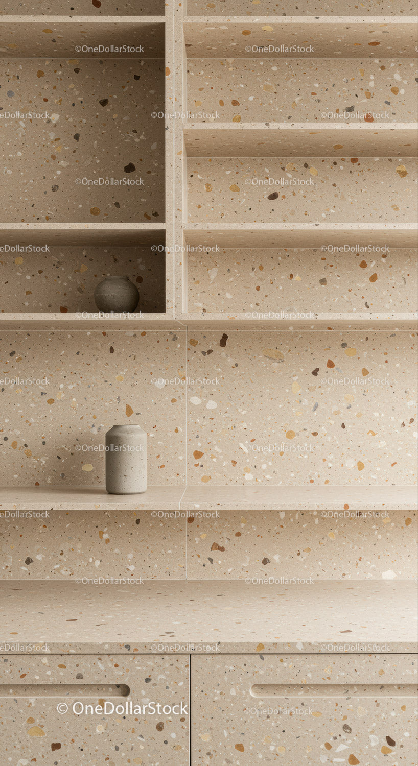 Modern Beige Terrazzo Shelf with Ceramic Vases in Stylish Interior