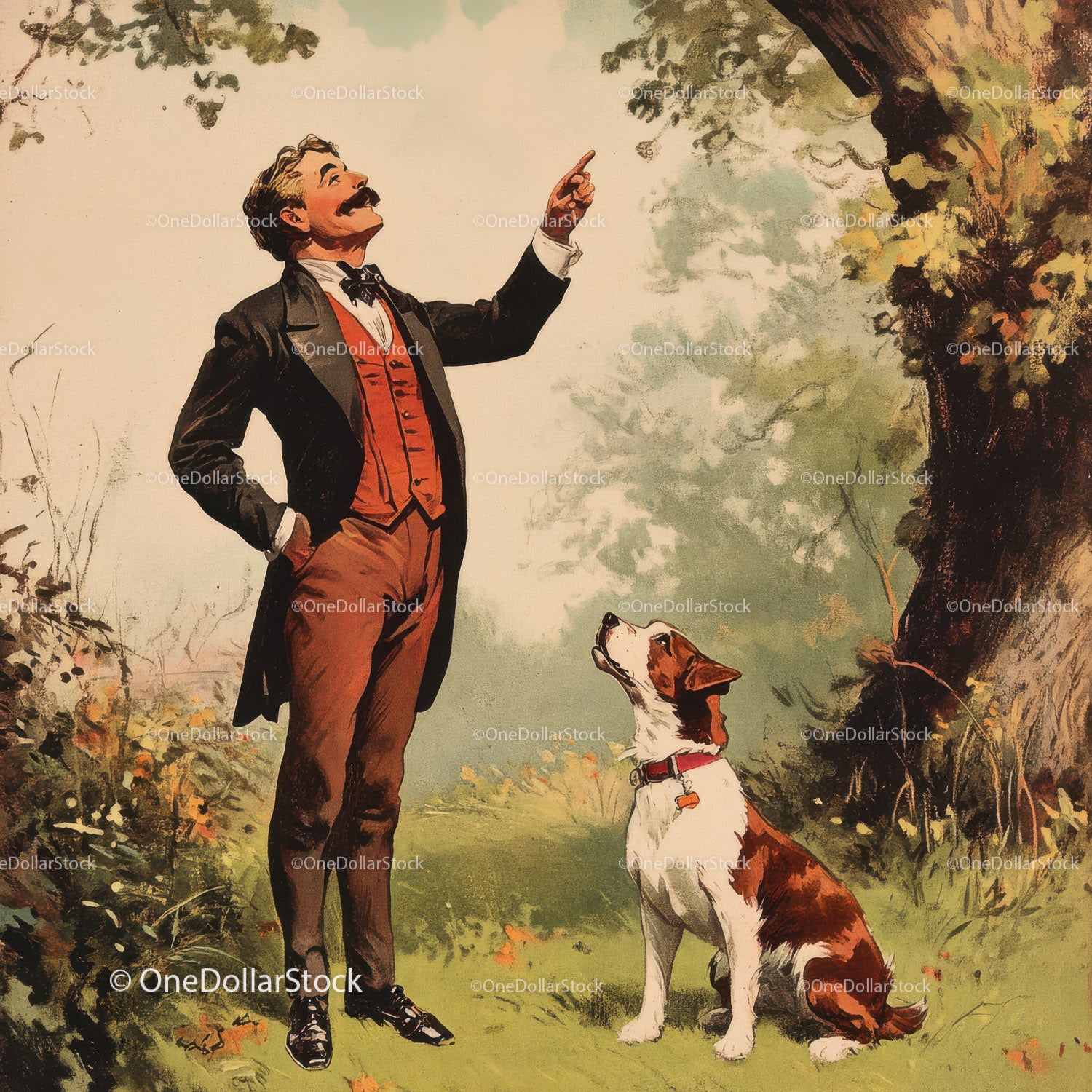 Vintage Gentleman with Dog in Lush Park Nature Scene