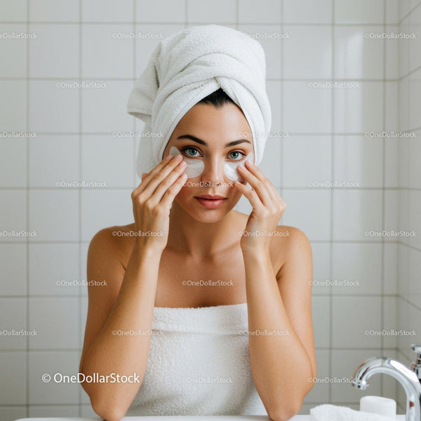 Young woman applying under eye patches in bathroom