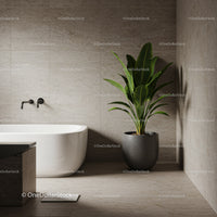 Elegant Modern Bathroom with White Bathtub and Lush Green Tropical Plant