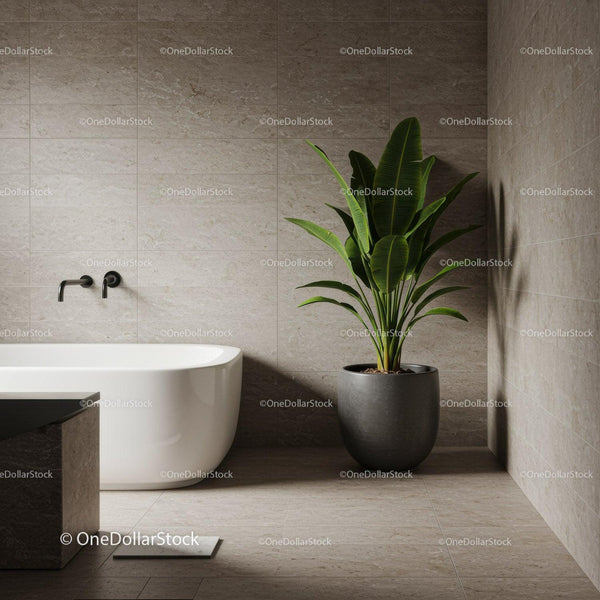 Elegant Modern Bathroom with White Bathtub and Lush Green Tropical Plant