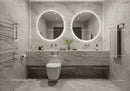 Elegant Marble Bathroom with Round Mirrors and Lush Green Plant
