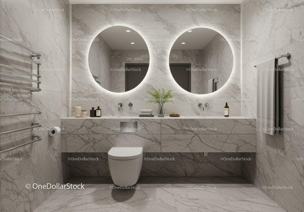 Elegant Marble Bathroom with Round Mirrors and Lush Green Plant