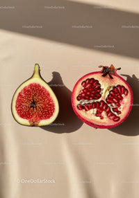 Fresh fig and pomegranate halves on beige fabric