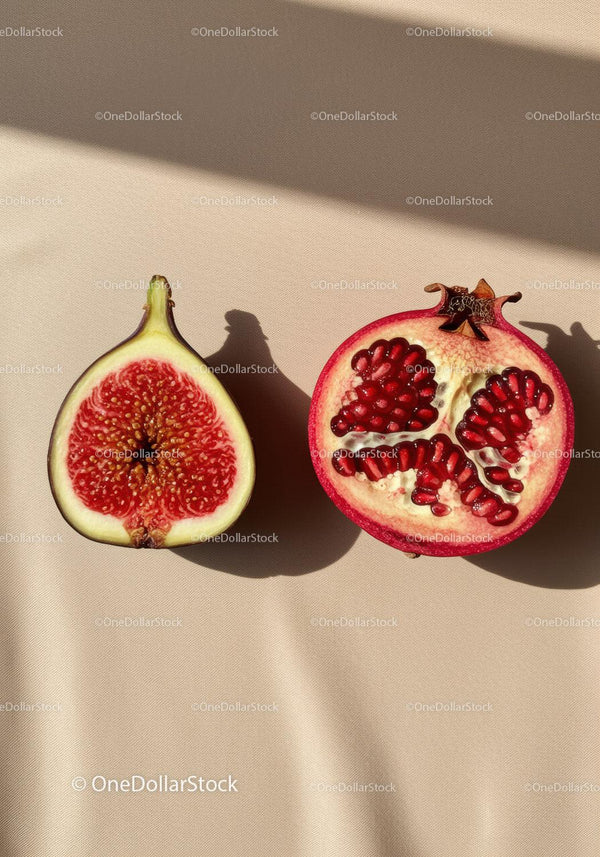 Świeże połówki fig i granatu na beżowej tkaninie