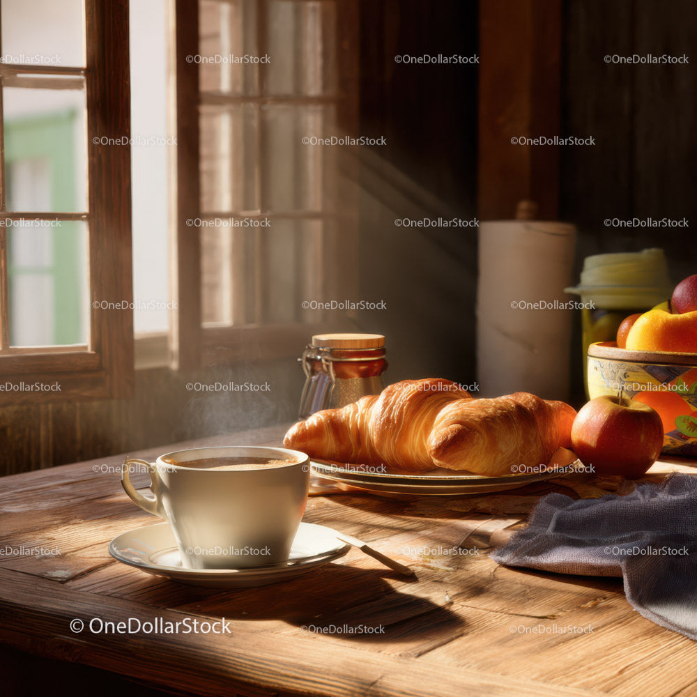 Przytulne śniadanie z croissantem i świeżymi owocami w ciepłym świetle