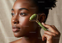 Elegant African Woman Using Jade Roller for Skincare Facial Massage