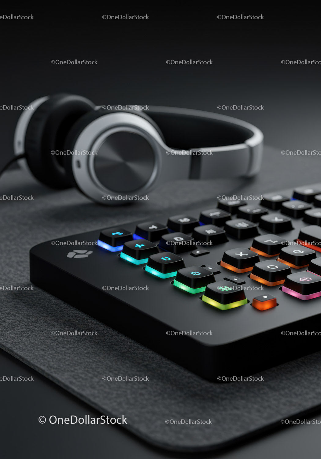 Bezprzewodowe słuchawki i podświetlana klawiatura gamingowa RGB na biurku