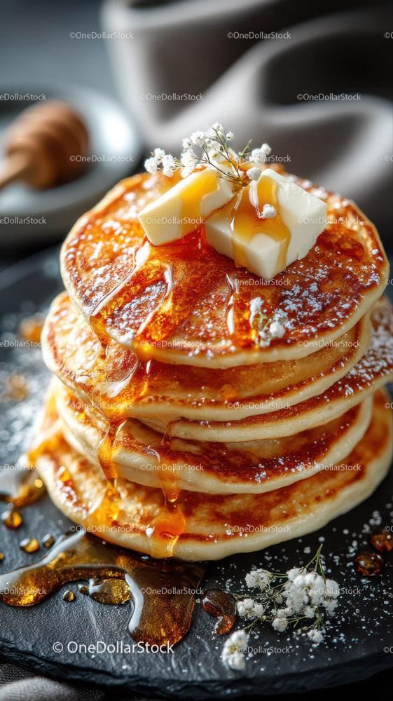 Delicious Stack of Pancakes with Butter and Honey on Rustic Plate