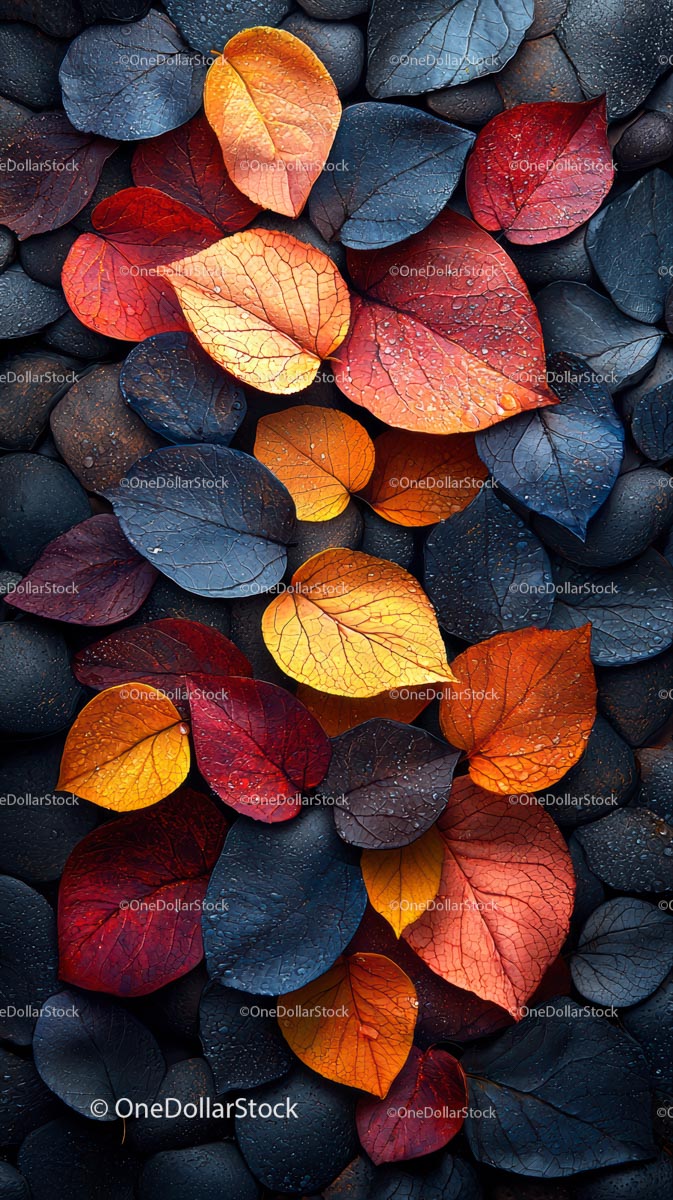 Colorful Autumn Leaves on Wet Black Stones