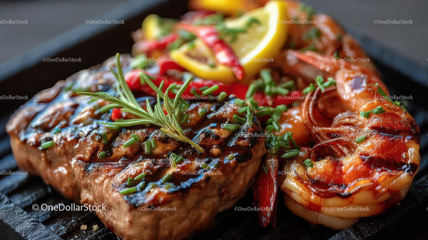 Soczysty grillowany stek i pieczone krewetki z świeżymi ziołami i cytryną
