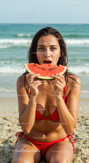Young Woman Enjoying Watermelon at the Beach in Red Bikini