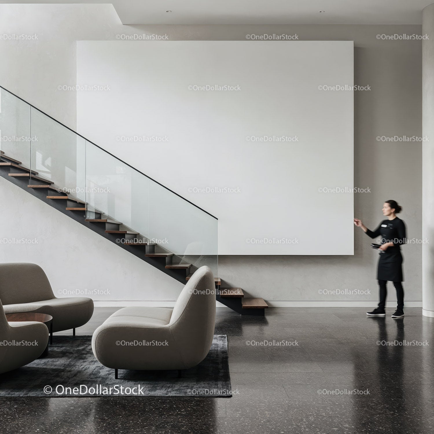 Modern Minimalist Interior with Glass Staircase and Seating