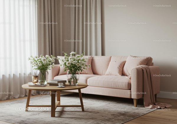 Cozy living room with pastel sofa and fresh flowers