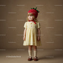 Little girl wearing strawberry hat and yellow dress