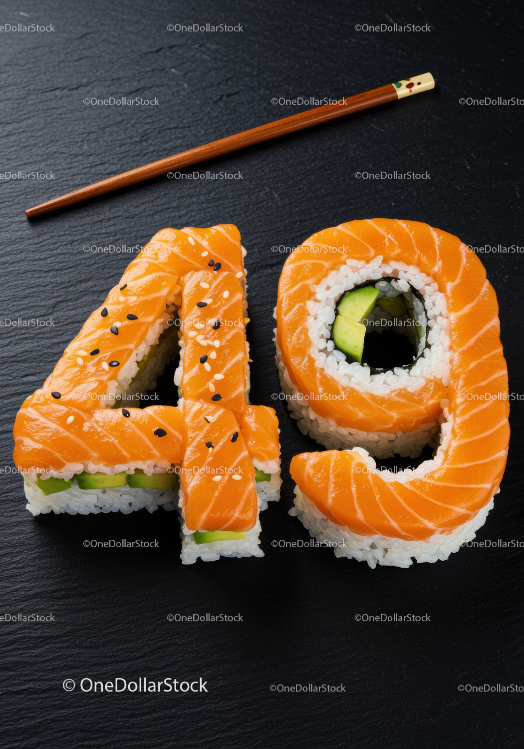 Rolki sushi z łososiem w kształcie cyfry czterdzieści dziewięć