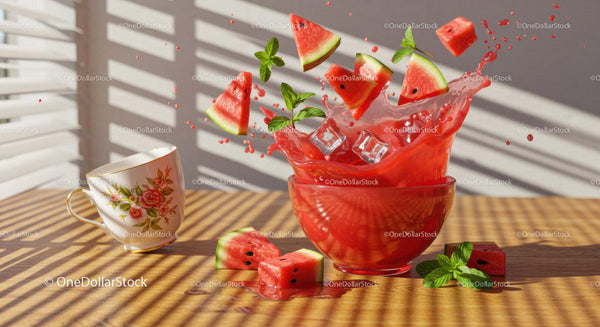 Refreshing Watermelon Splash with Ice and Mint Leaves