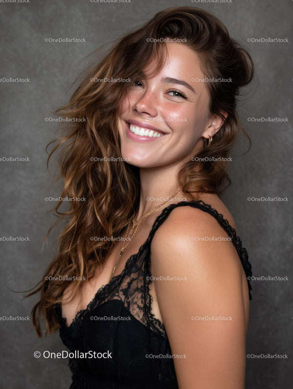 Smiling Woman with Wavy Hair and Elegant Jewelry Portrait