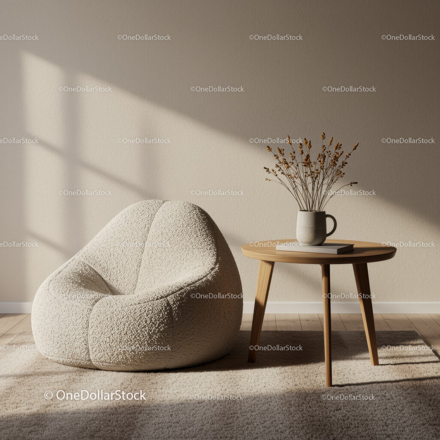 Cozy soft armchair with wooden side table in sunlight