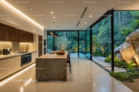 Modern Kitchen with Indoor Garden and Floor-to-Ceiling Windows