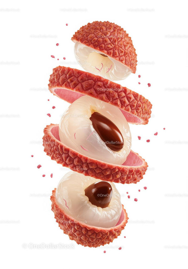Fresh lychee fruit halves with peeled translucent flesh