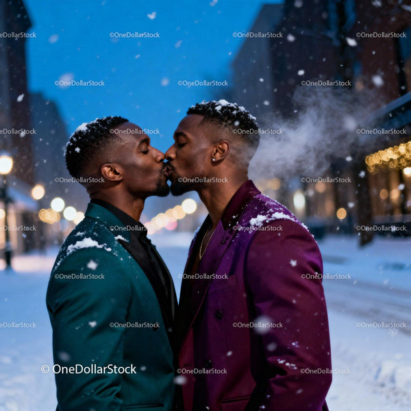 Couple sharing a tender kiss on a snowy winter evening