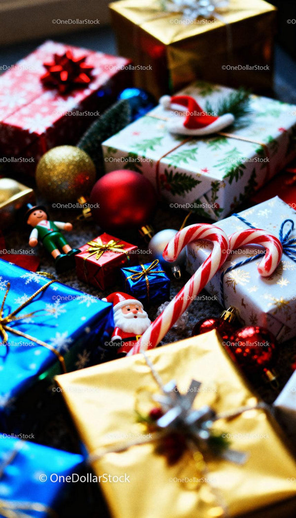 Assorted Christmas Gifts and Festive Decorations Closeup