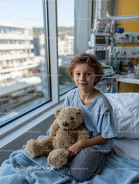 Young Boy Sitting on Hospital Bed with Teddy Bear Near Window
