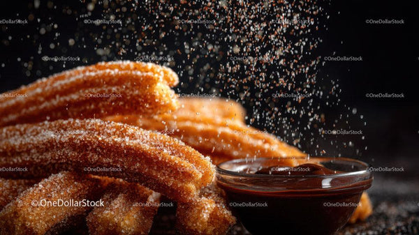 Cinnamon Churros with Dipping Chocolate on Dark Background