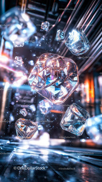 Falling Ice Cubes with Dynamic Light Reflections in Futuristic Scene