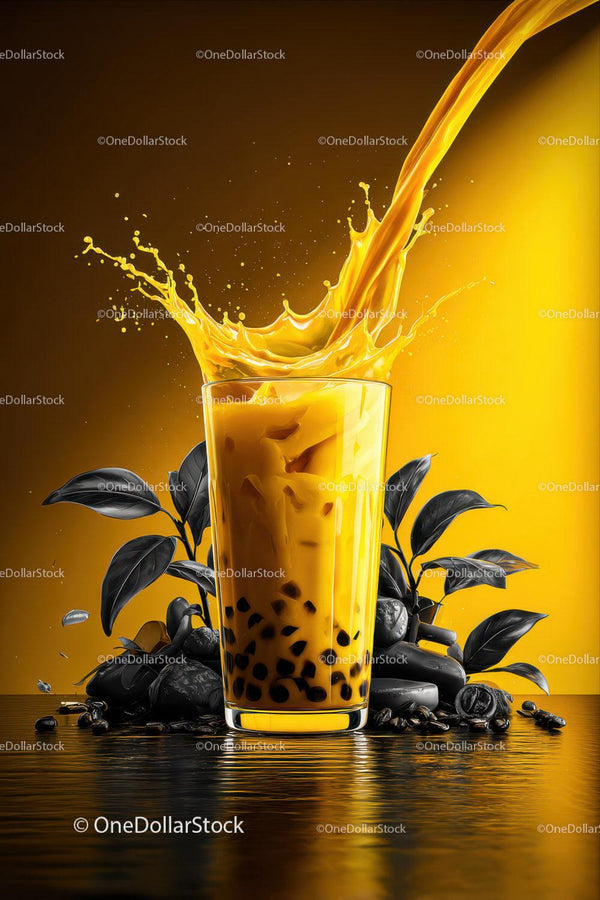 Vibrant Bubble Tea with Splashing Yellow Drink and Black Tapioca Pearls