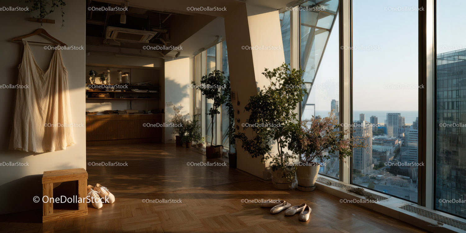 Modern City Apartment with Floor-to-Cold Windows and Urban View