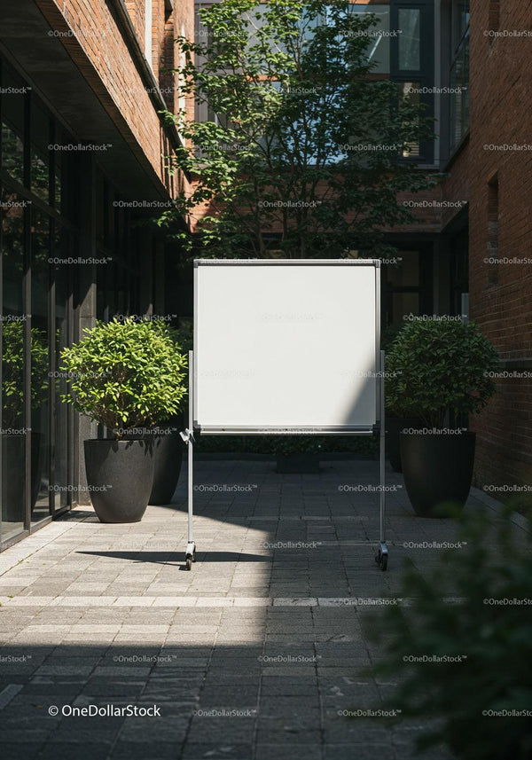 Blank Whiteboard in Modern Outdoor Courtyard Surrounded by Greenery JPG Mockup Image