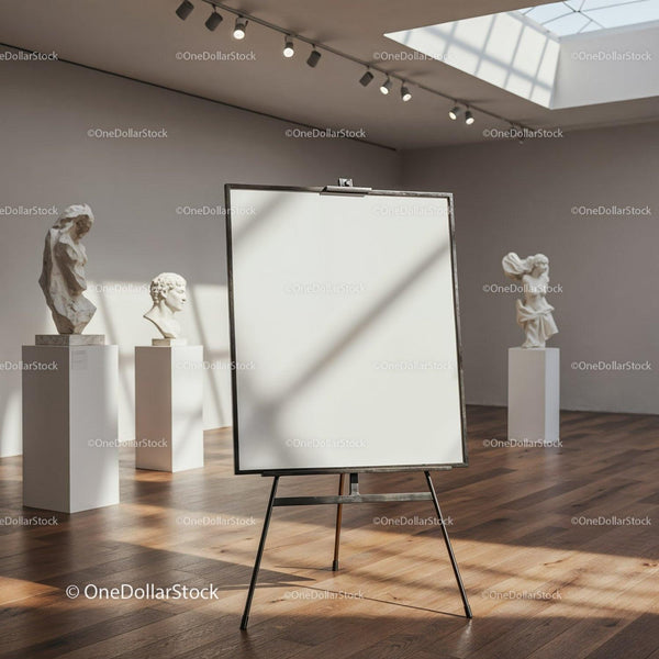 Empty Easel in Bright Contemporary Art Gallery Room JPG Mockup Image