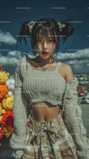 Young Woman with Unique Hairstyle and Fashionable Outfit Outdoors