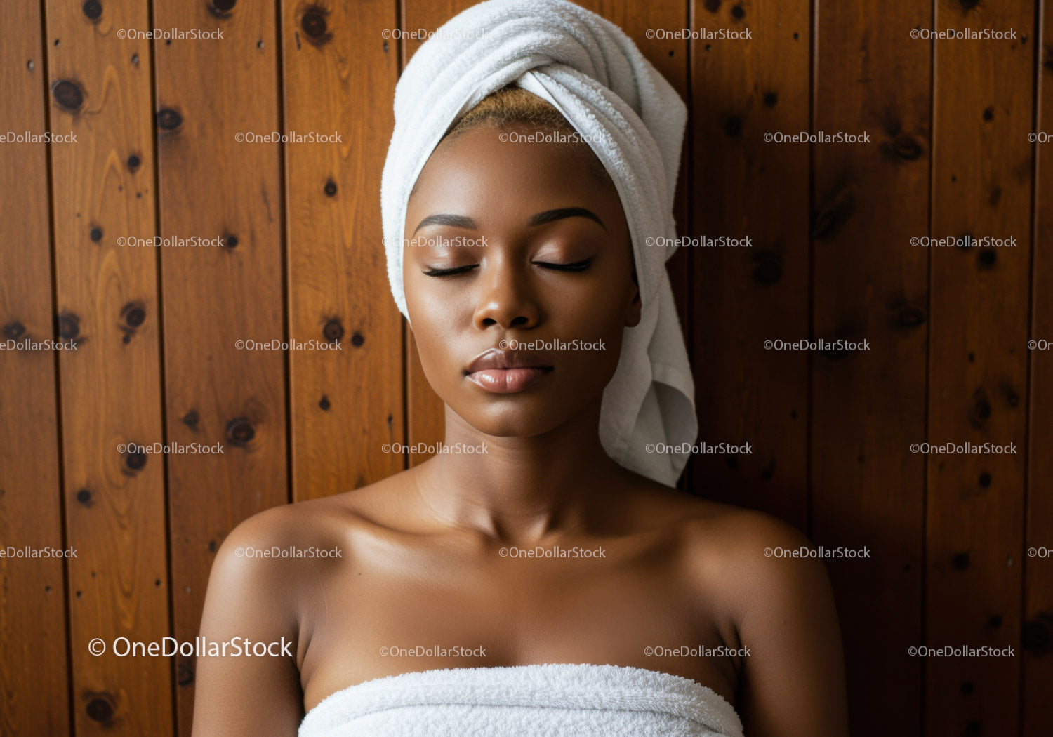 Serene Woman Relaxing in Spa with Towel and Wooden Background