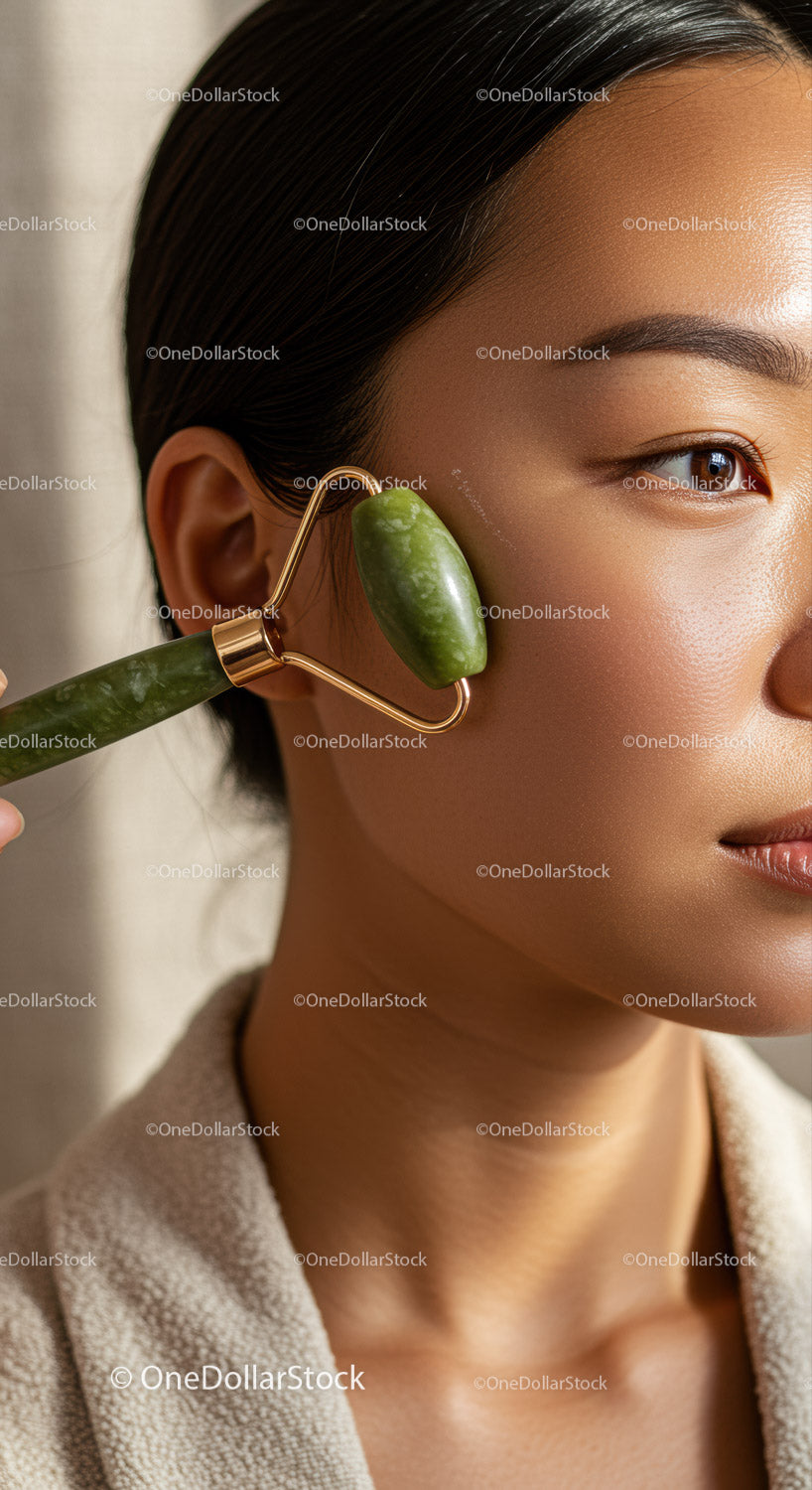 Close-up of Woman Receiving Facial Massage with Jade Roller