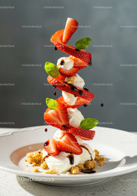 Fresh strawberries with cream and balsamic drizzle on plate