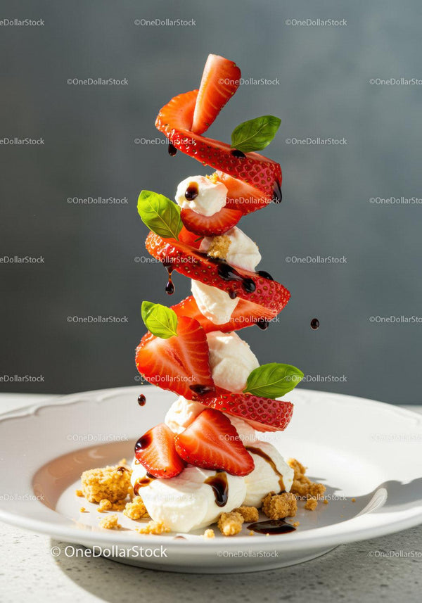 Fresh strawberries with cream and balsamic drizzle on plate