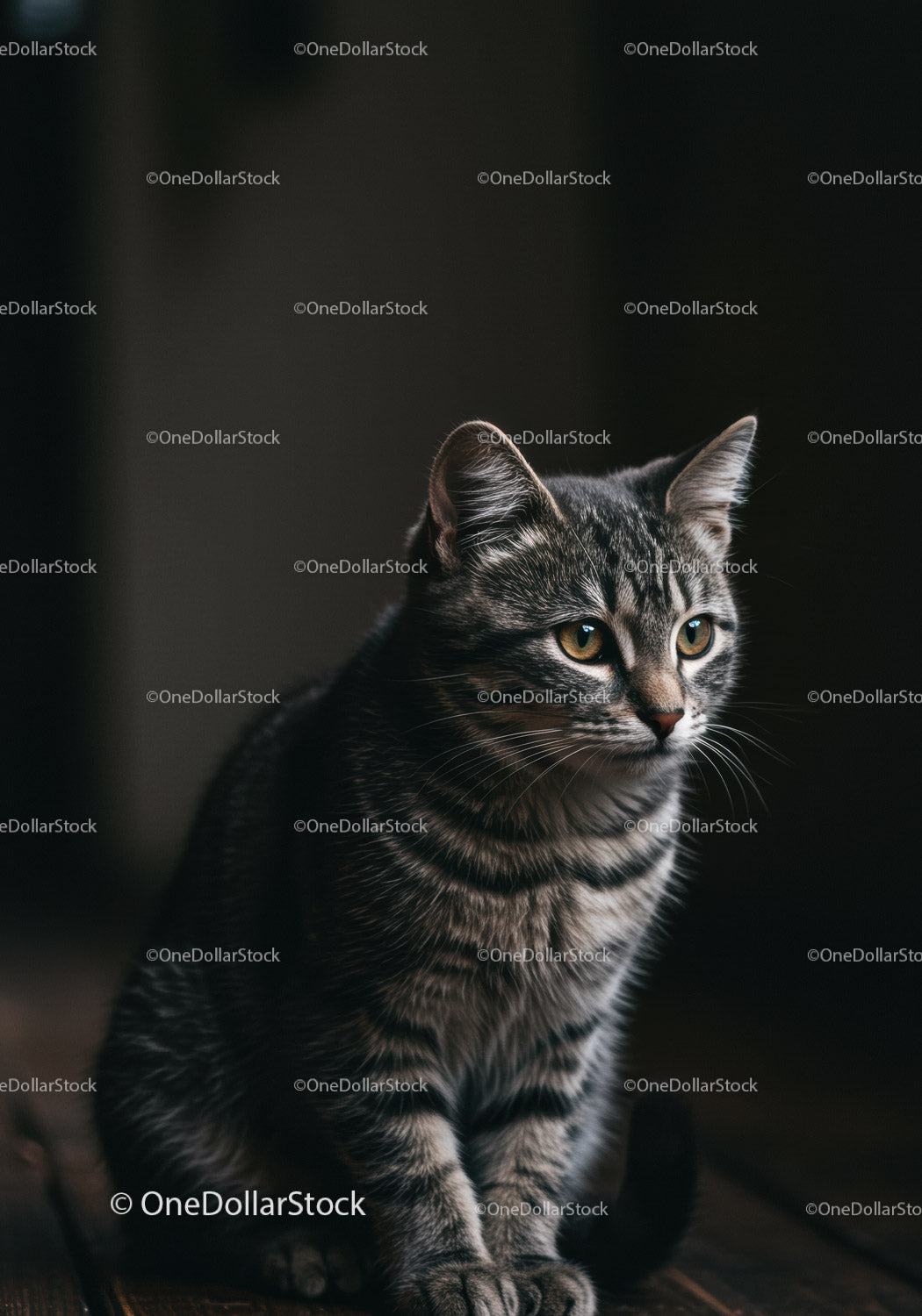 Portrait of a focused tabby cat in soft light