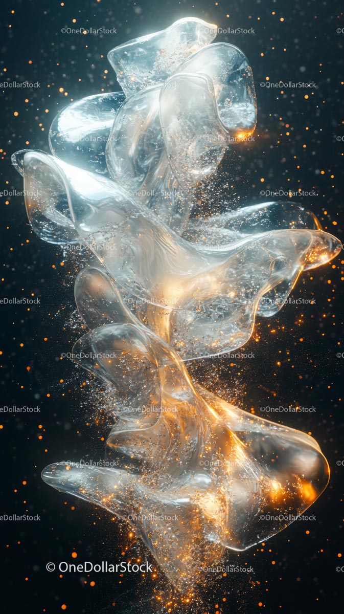 Abstract Sparkling Glass Sculptures with Golden Light Effects