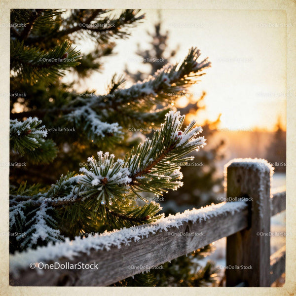 Frost-covered pine branches by rustic wooden fence